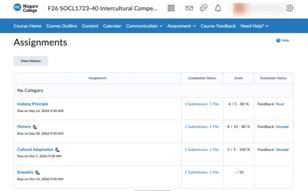 Niagara College student portal assignment completion summary showing top marks for SOCL1723 Intercultural Competency modules