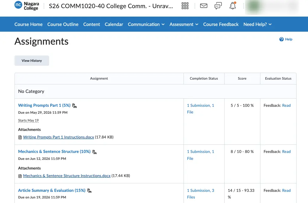 Niagara College Brightspace assignment submission dashboard showing 100 percent and 93 percent scores for COMM1020 online course help