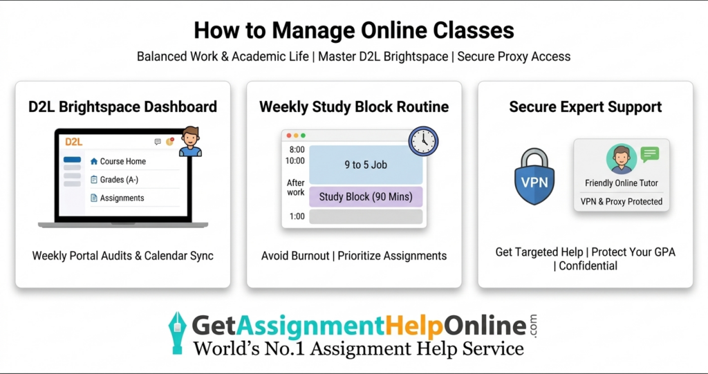Infographic showing how to manage online classes on D2L Brightspace with study block routines and expert tutoring